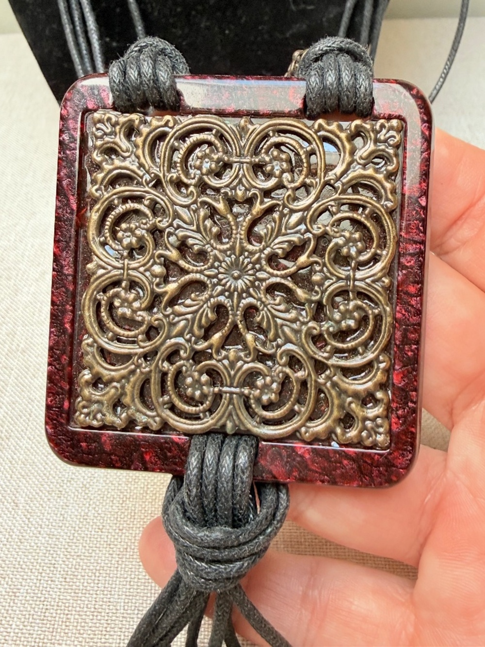 Long Bohemian Style Red and Bronze Pendant on Leather Cord